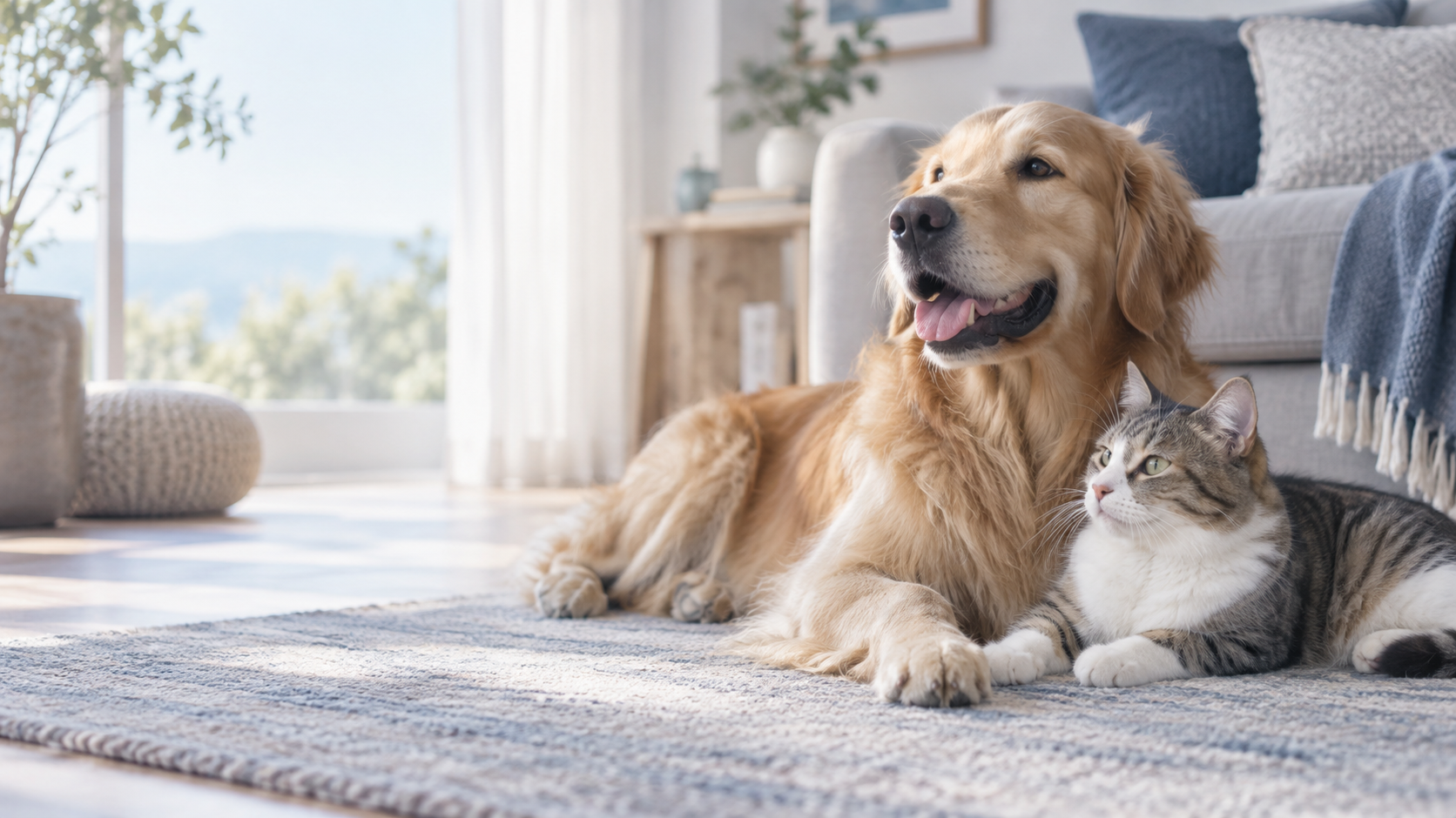 明るい室内で寄り添う犬と猫